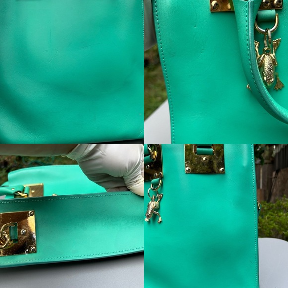 Sophie Hulme Leather Buckled Tote with Frog Charm Flouro Green - Picture 14 of 15